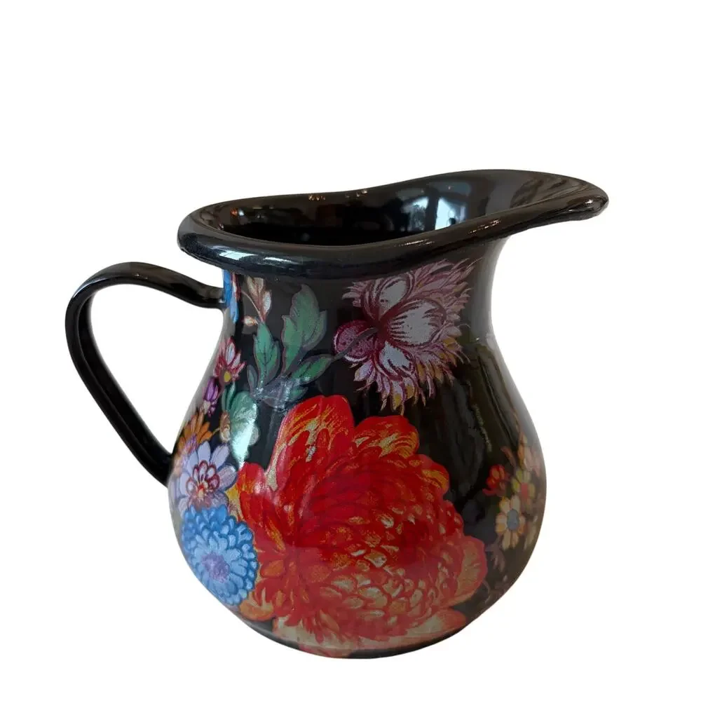 NEW Mackenzie-Childs Black Flower Market Enamel Creamer